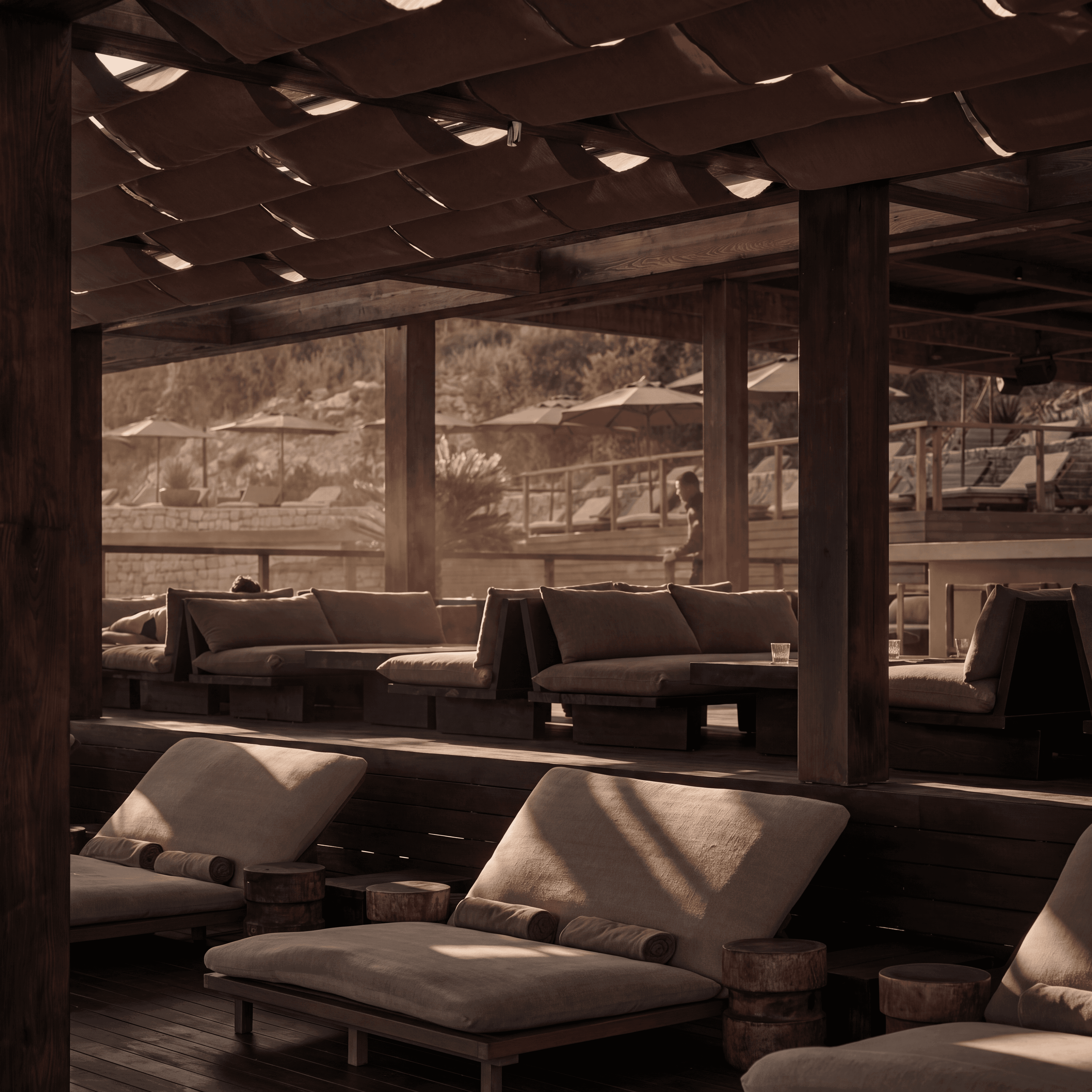 Stone villa with green roof nestled into hillside at Scorpios Bodrum, Cennet Koyu peninsula