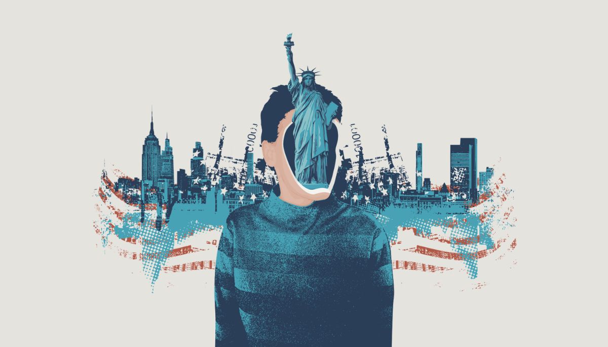 Stylized artwork of person with Statue of Liberty face and NYC skyline, symbolizing software engineer job search in New York City.