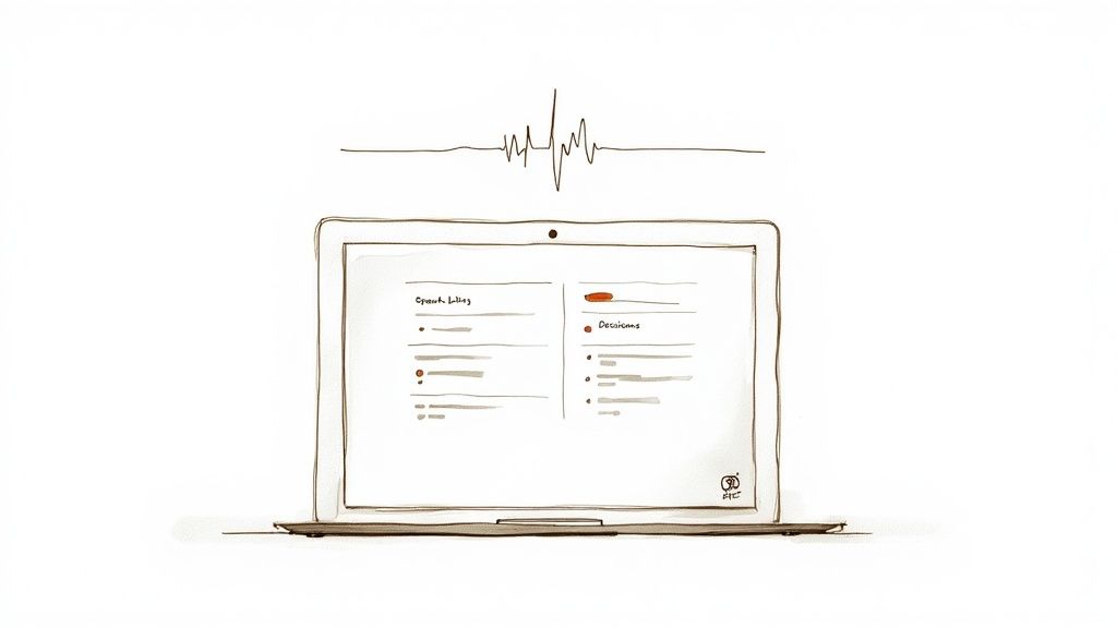 A hand-drawn laptop displaying meeting notes and decisions, with a sound wave above.