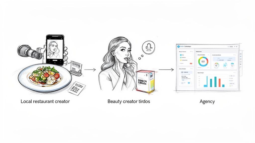 Visual workflow illustrating content creation by diverse creators, from food to beauty, leading to agency analytics.