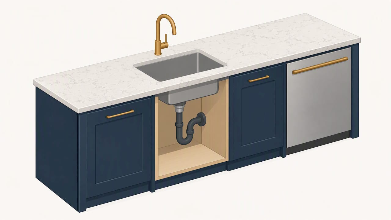 Quartz countertop above cabinets with plumbing and appliance
