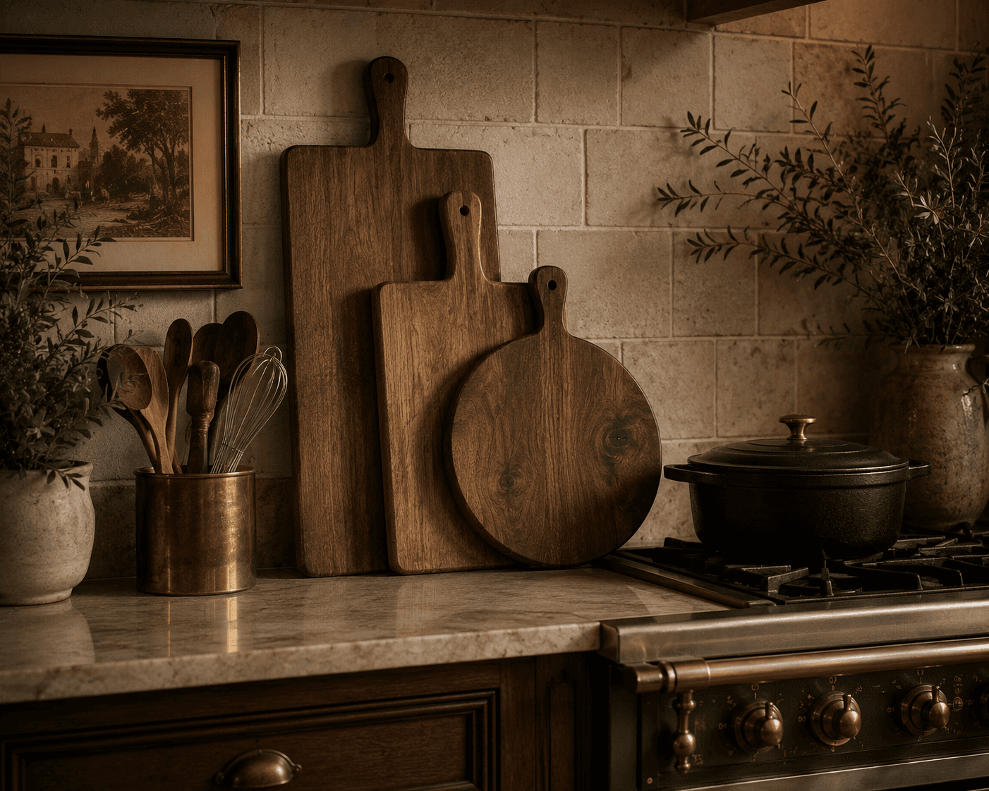 A rustic kitchen counter setup featuring three wooden cutting boards in varied shapes leaning against a beige tiled backsplash. Next to them sits a utensil crock filled with wooden spoons, a black cast iron dutch oven on a gas stove, framed vintage artwork, and potted green olive branches.
