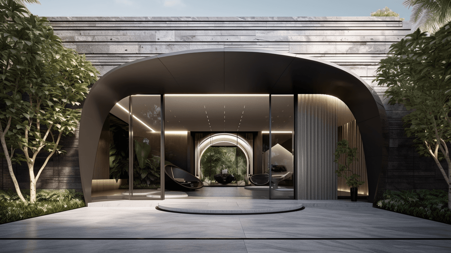 Luxury modern garage with curved glass showcase displaying vehicle, surrounded by landscaped courtyard