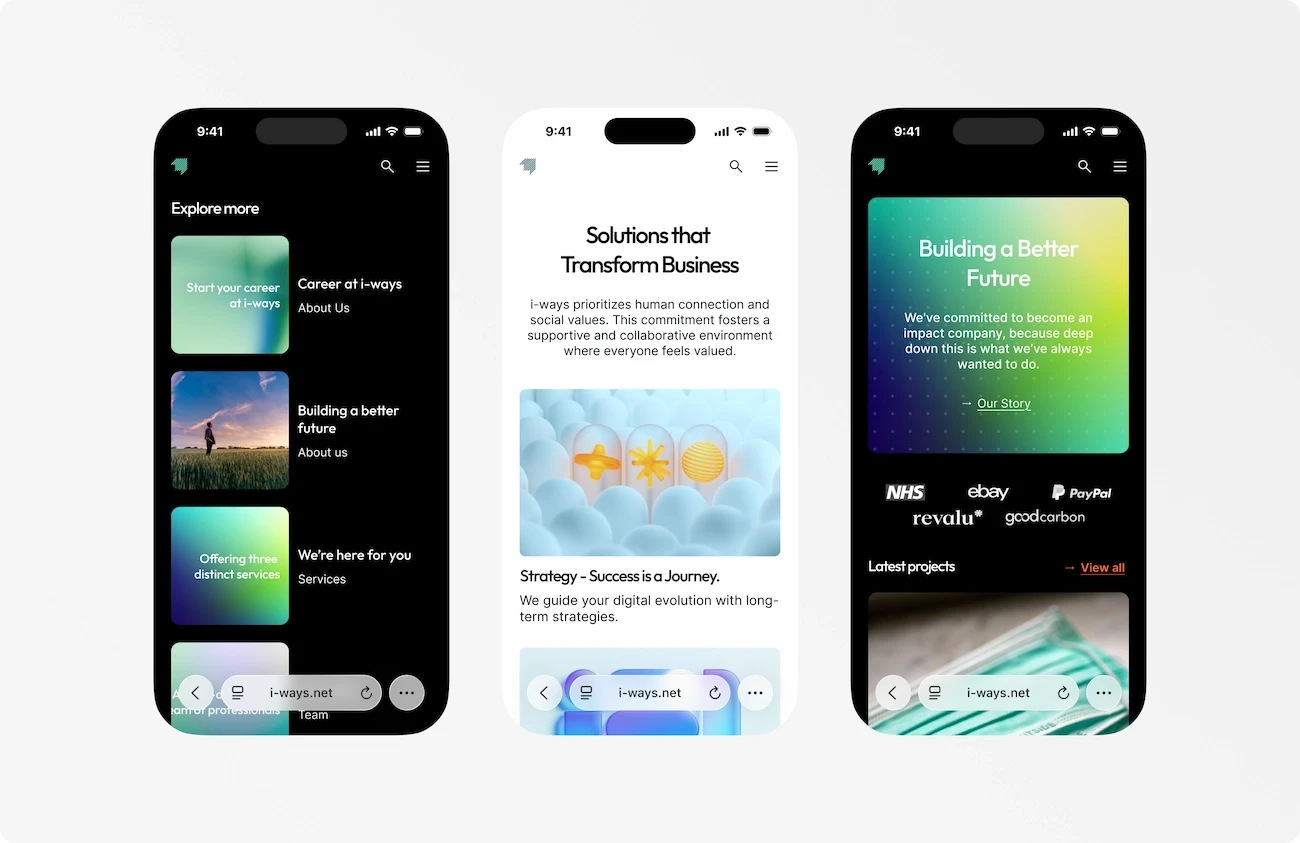 Drei Ansichten der i-ways Website auf mobilen Endgeräten.