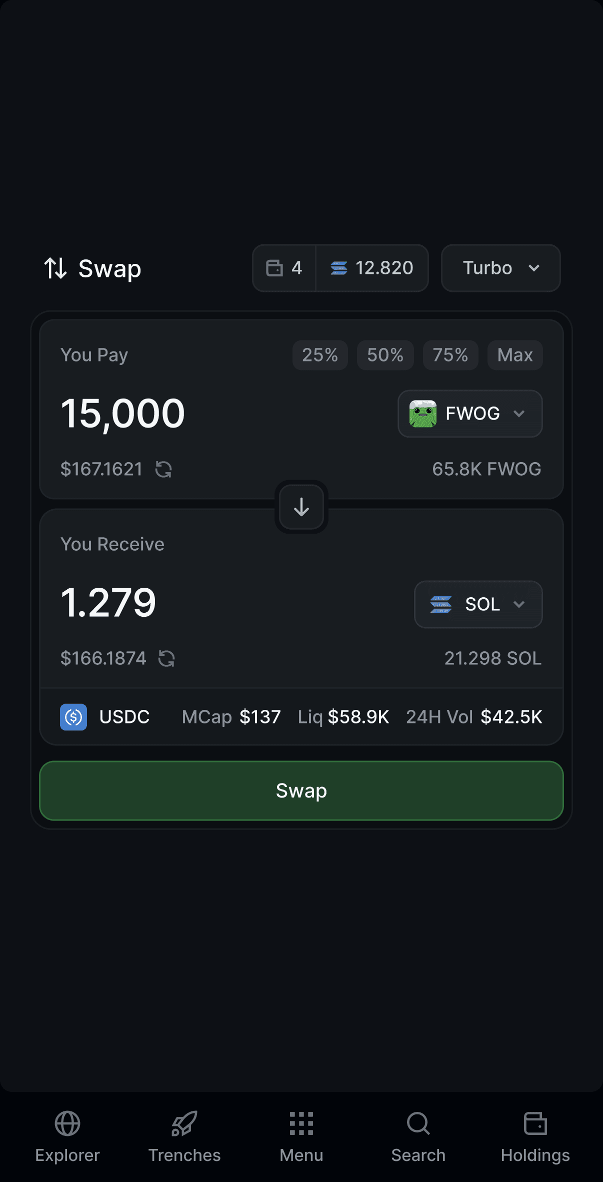 Trojan Terminal OEX Meme Coin Swap Mobile