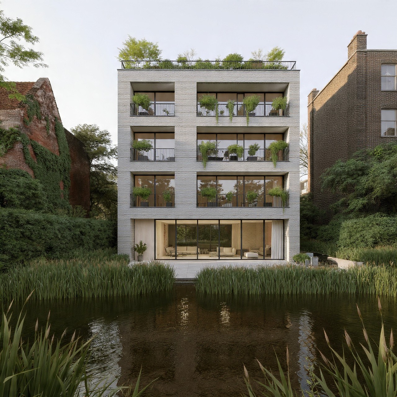 Modern four-story building with balconies adorned with greenery, overlooking a tranquil pond. Flanked by lush vegetation and urban brick walls.