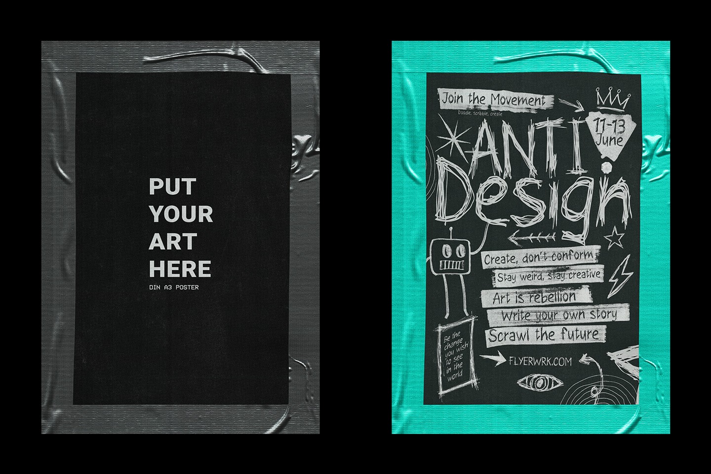 Raw taped poster mockup with different tape colors and poster design variations