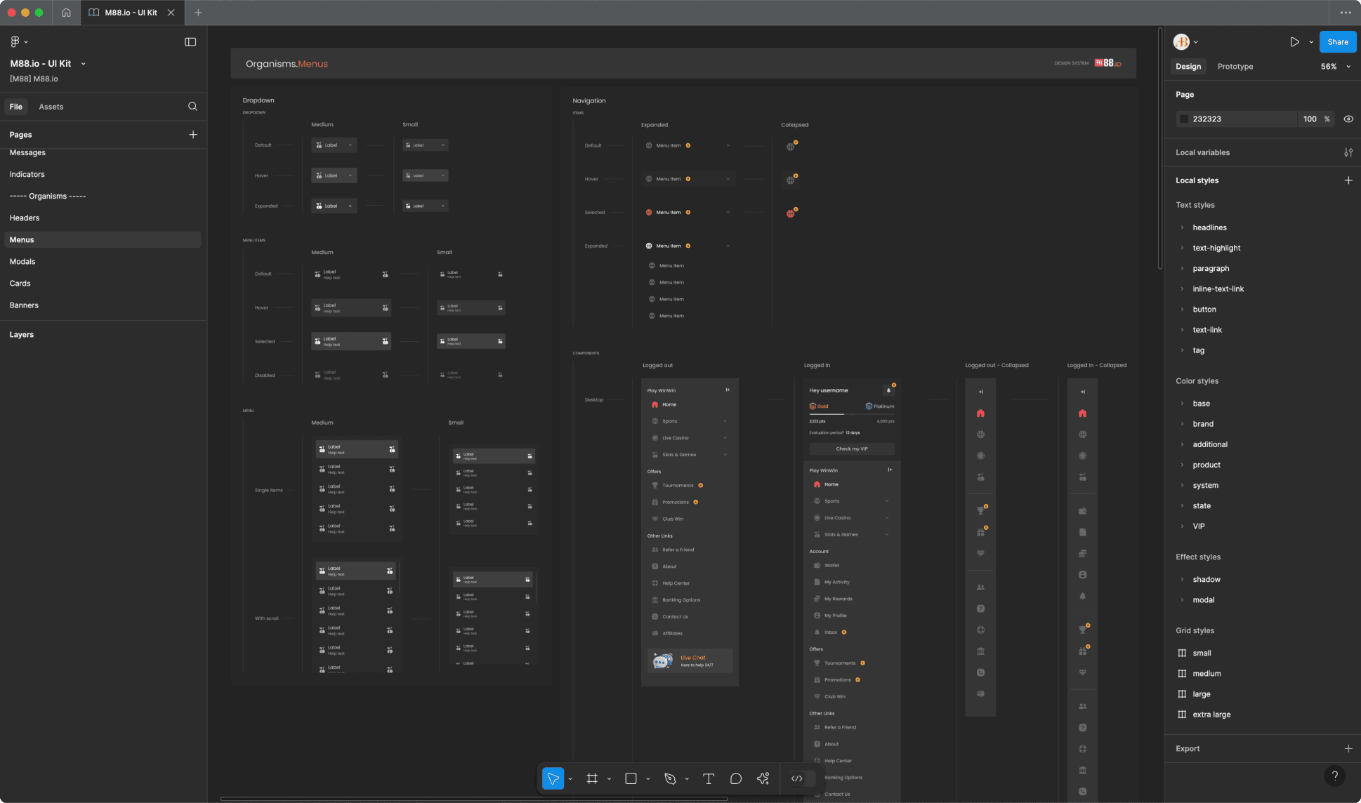 M88.io's design system menus
