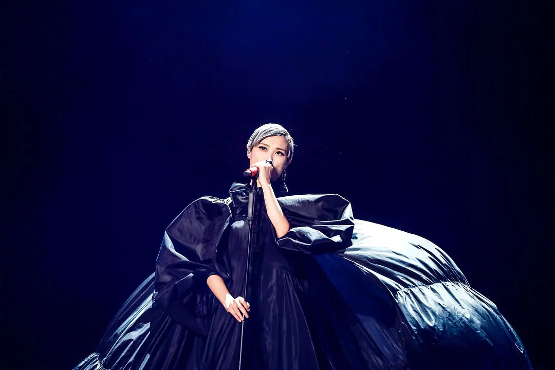 Live stage photo showing a singer in a dramatic black outfit with sculptural sleeves, used as inspiration for the Liu Xing album and tour illustration series.