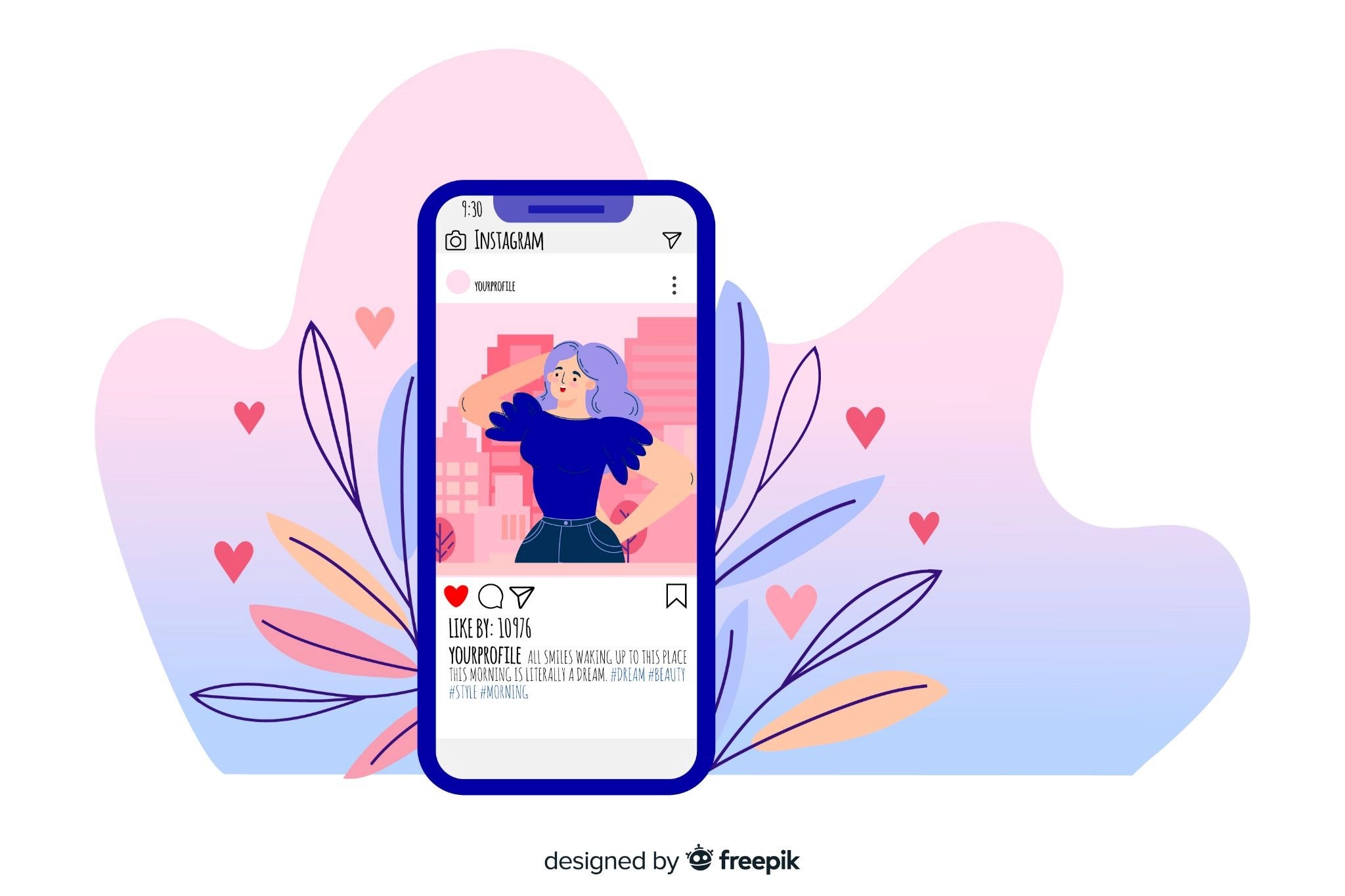 Illustrated Instagram post on a smartphone showing a creator profile with likes and hashtags