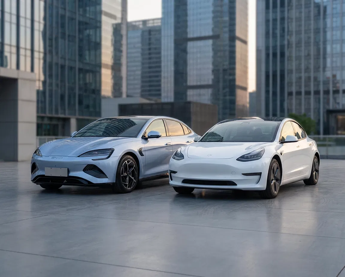 BYD and Tesla vehicles side by side