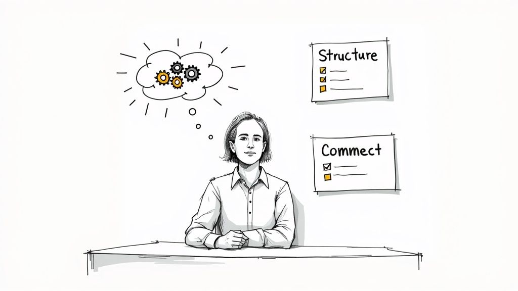 A sketch of a person at a desk, thinking with gears, next to 'Structure' and 'Connect' checklists.