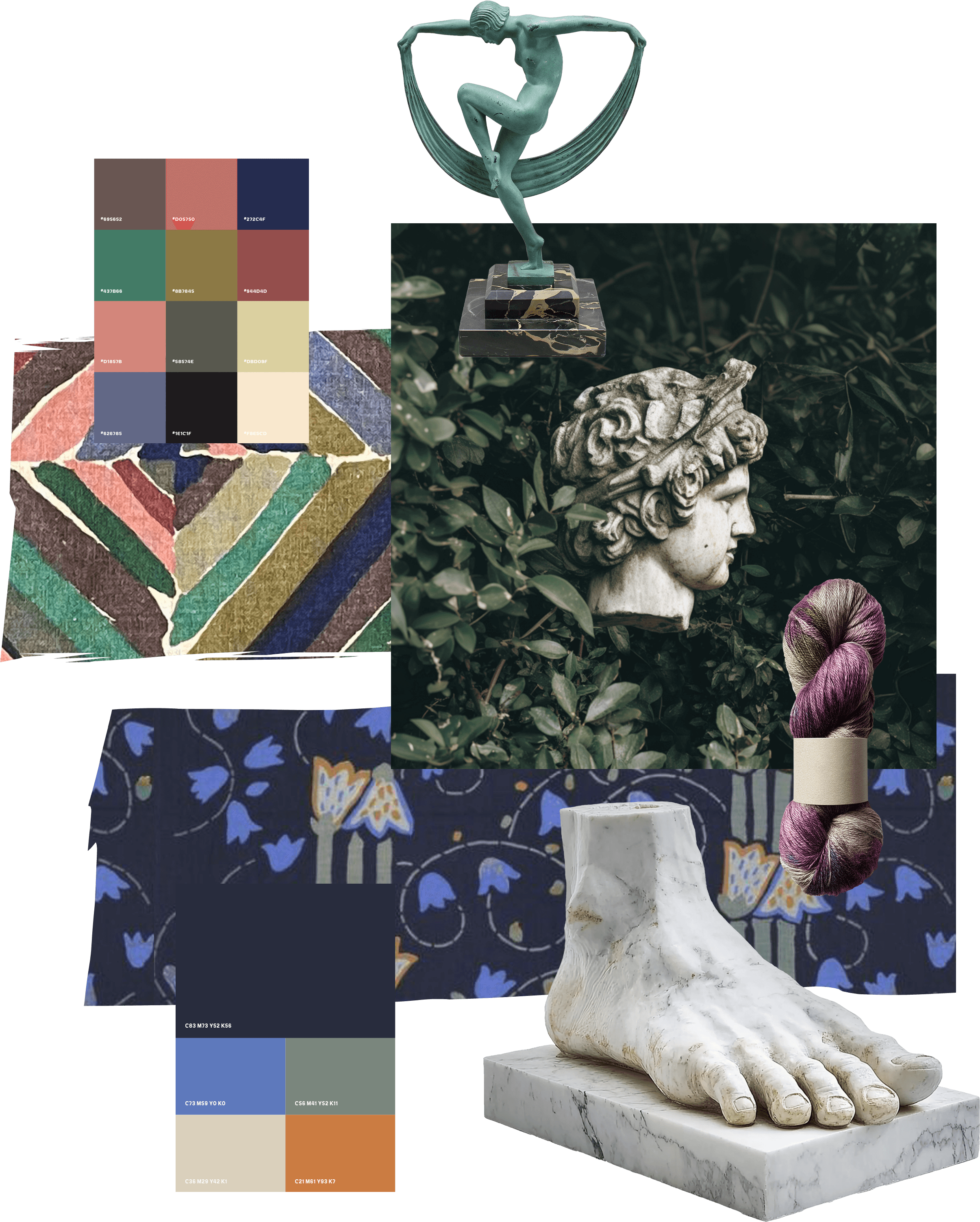 A collage of marble sculptures, including a head statue, a foot, colourful geometric shapes, and a floral pattern design.