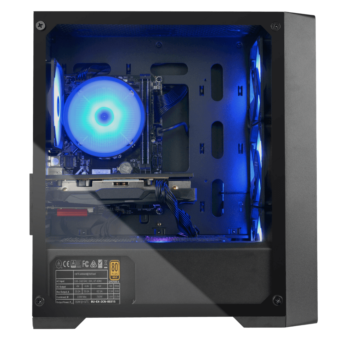 Minimalist black gaming PC case with a side panel removed, showcasing the internal components including a white cooling fan, GPU, and compact layout. Ideal for high-performance gaming setups in 2023, perfect for gamers seeking sleek and functional designs.
