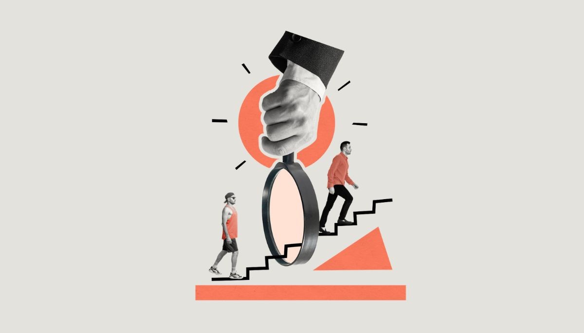Magnifying glass highlighting individuals in casual and professional attire, symbolizing personality hires in the workplace