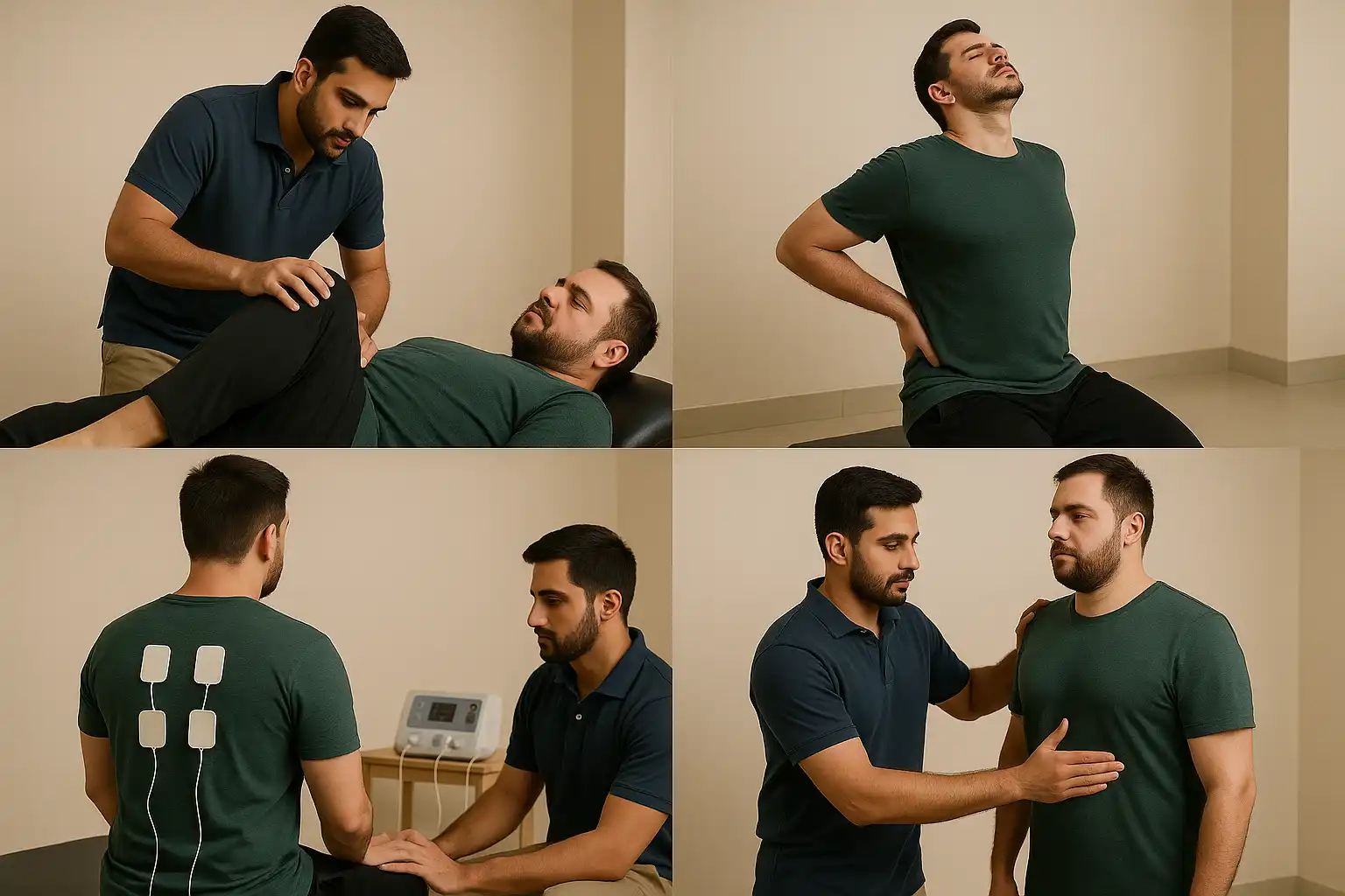 A collage of physiotherapy scenes showing a patient being assessed, experiencing lower back pain, receiving electrical stimulation, and undergoing guided movement therapy for sciatica or disc-related pain.