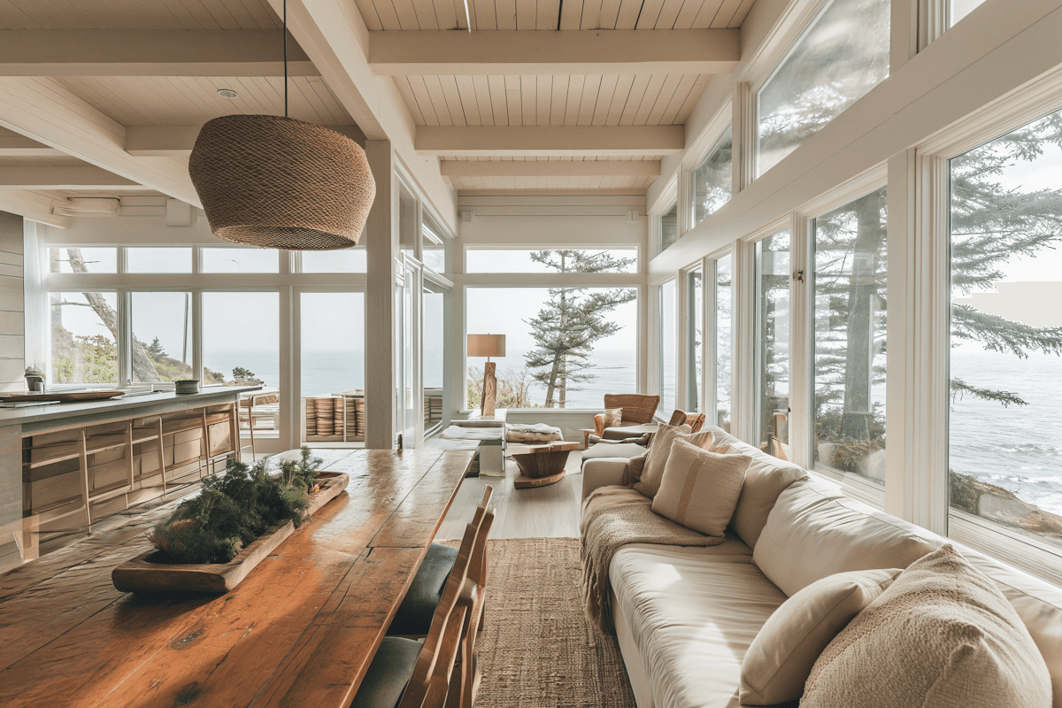 Sunlit coastal retreat with reclaimed wood table, woven pendant, and panoramic ocean views