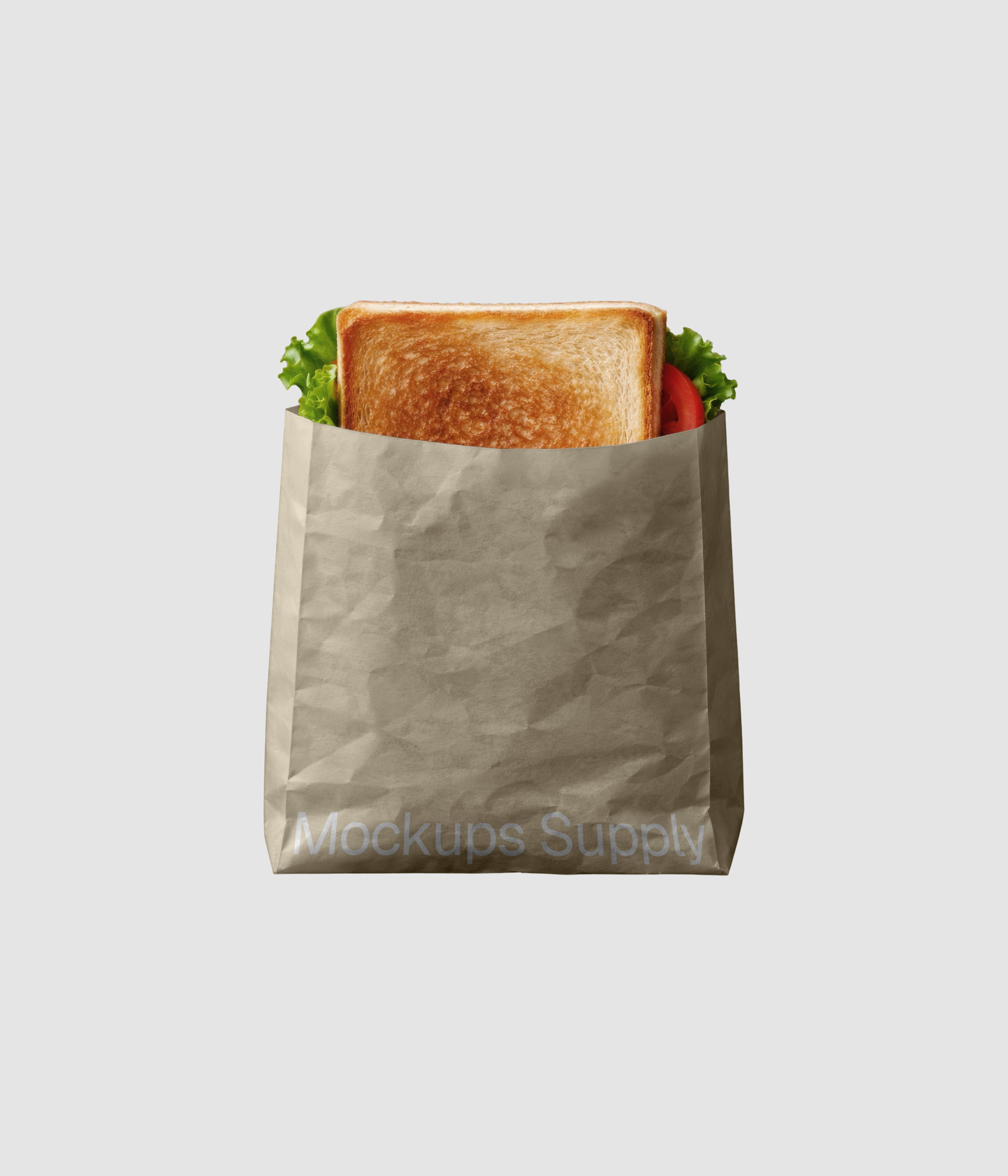 Sandwich in beige paper bag mockup on gray background for Photoshop download psd