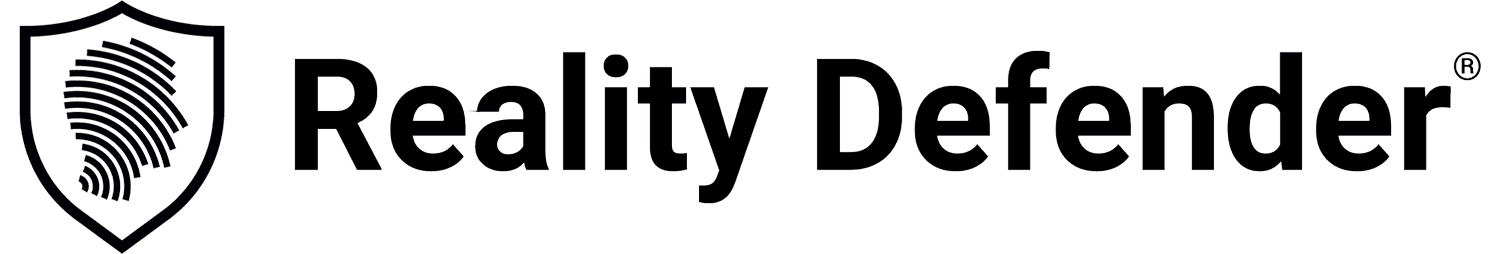 Logo for Reality Defender, featuring a bold shield emblem with a fingerprint design next to the company's name in a modern, sans-serif font, representing digital security and authenticity verification.