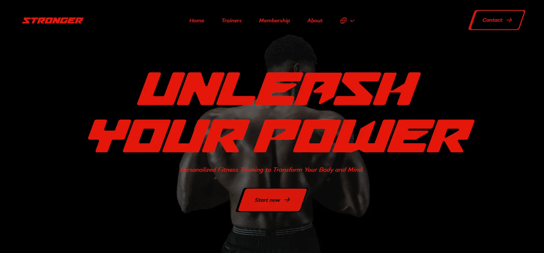 Screenshot of stronger.com homepage, showcasing a muscular black man's back with strong typography and a clean navigation.