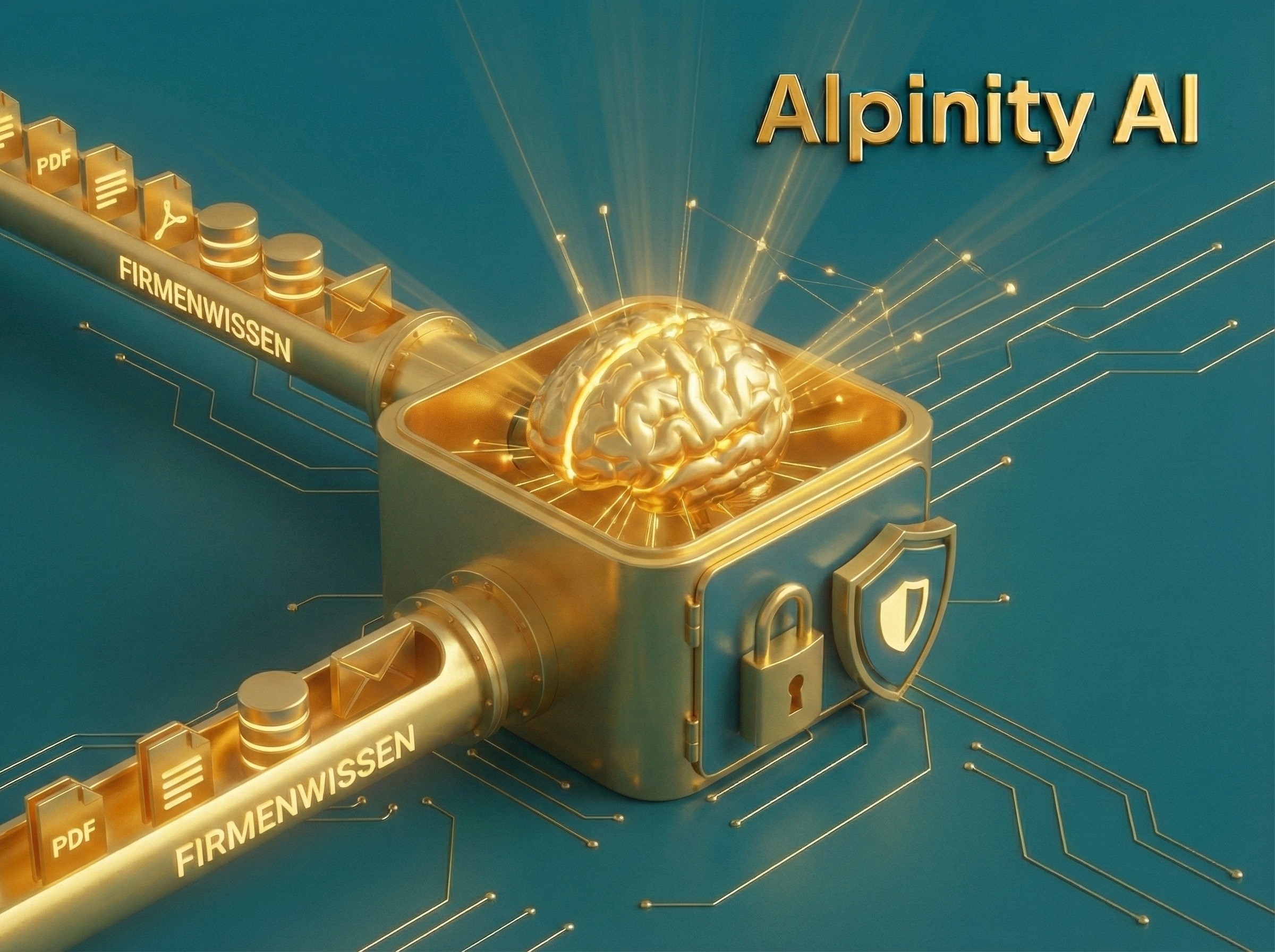 Pipeline mit der Aufschrift 'FIRMENWISSEN' füttert ein goldenes KI-Gehirn in einem gesicherten Tresor, visualisiert RAG-Technologie.