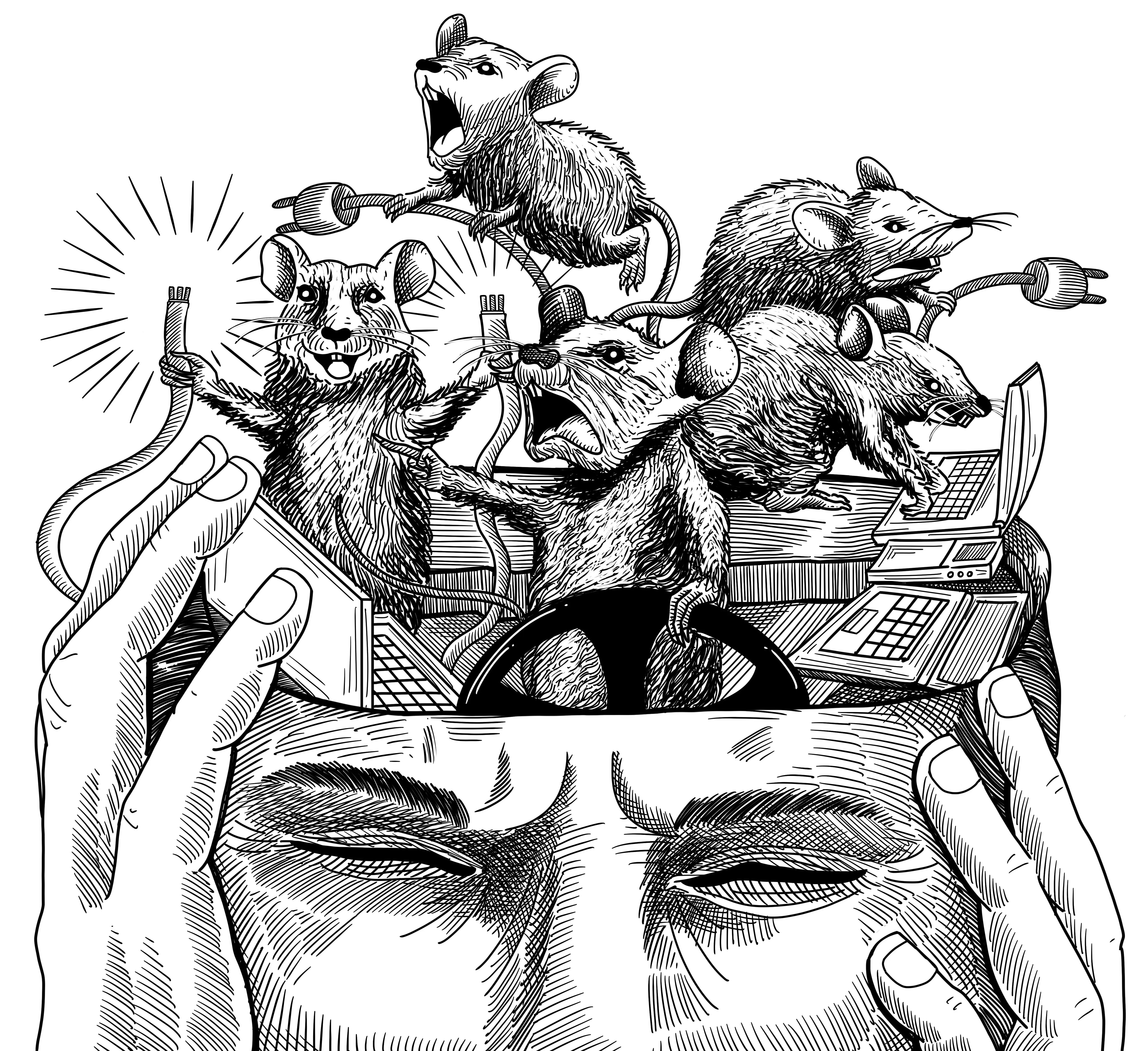 Book illustration of rats inside a man's head