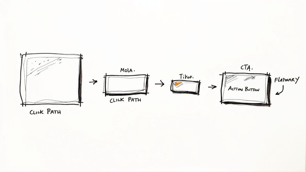 Hand-drawn diagram illustrating a conceptual flow from Click Path through Mola and Tikop to a CTA Action Button.