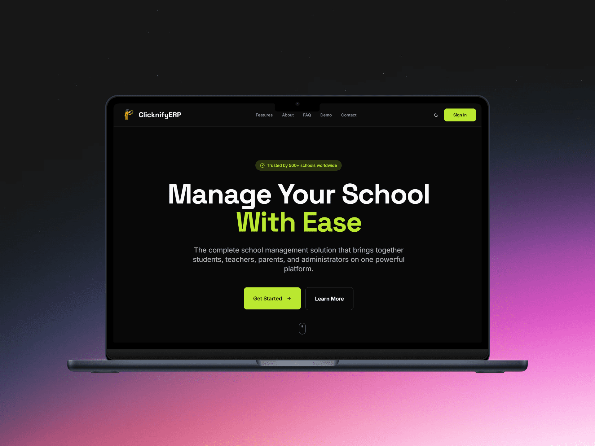School Managemnet Software backed by clicknify open in the Apple Air M2 Laptop screen with radial grediant Background.