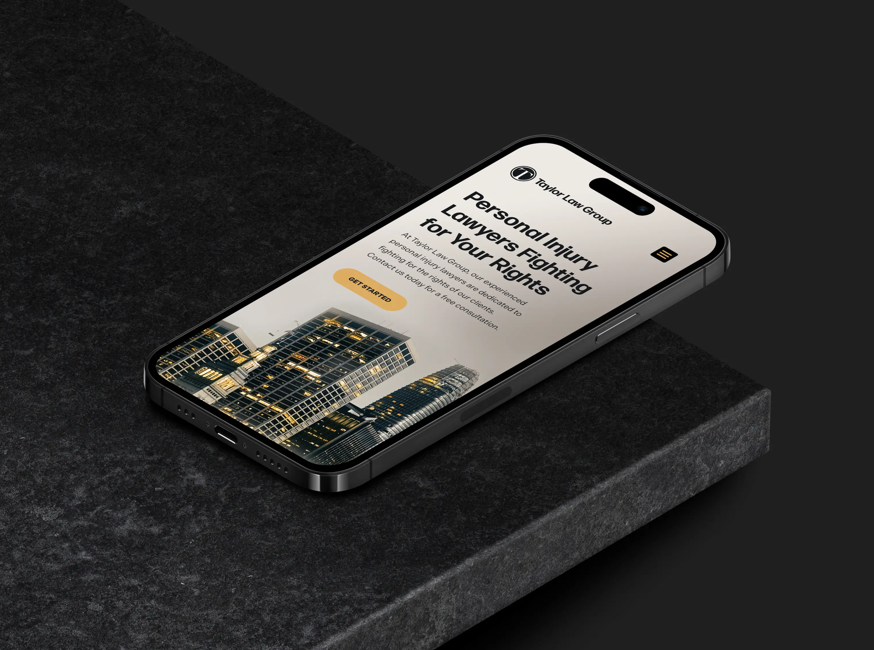 Website design for Taylor Law Group displayed on a mobile device — law firm site with professional typography