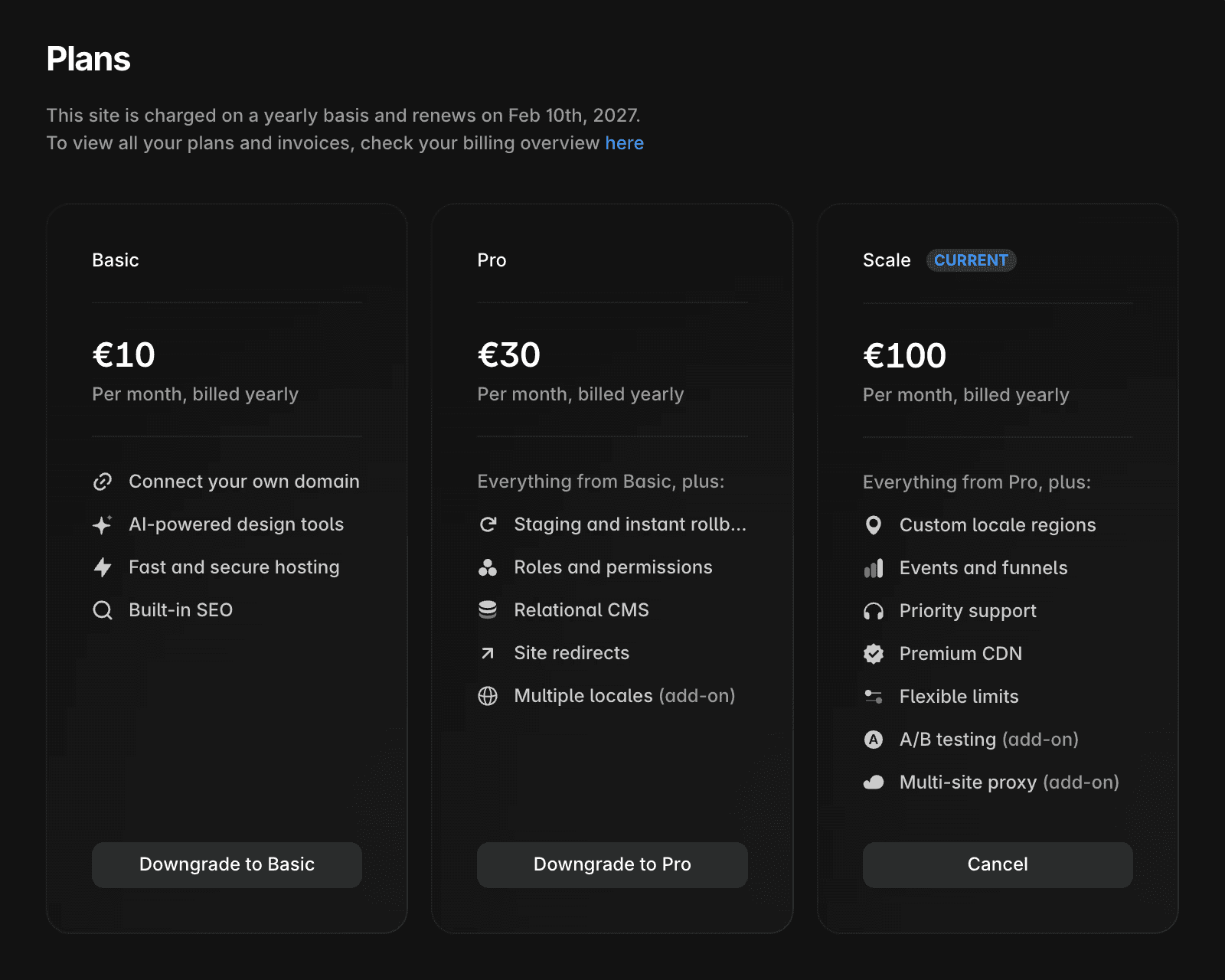 Screenshot of Framer site settings showing the Plans tab