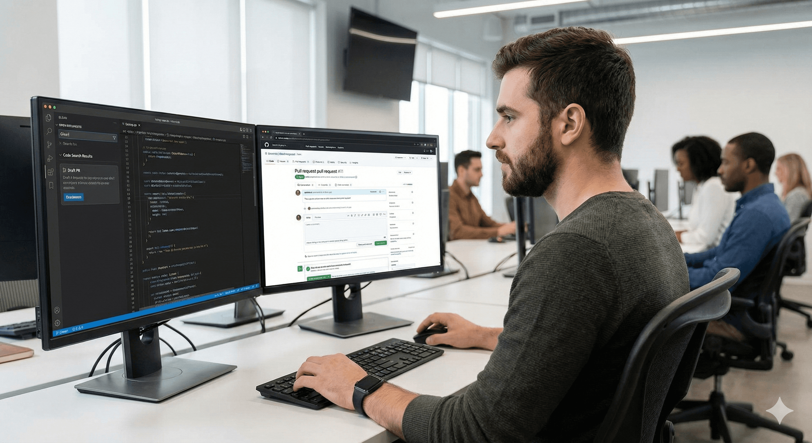 A man is sitting at a desk in a modern office, using dual monitors displaying code and a collaborative platform, illustrating the use of Glean Code Search and Writing Tools.