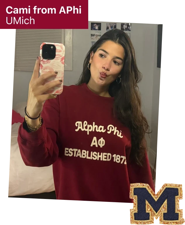 Collage labeled “Cami from APhi, UMich”: mirror selfie of a person wearing a red “Alpha Phi AΦ Established 1872” sweatshirt, with a Michigan “M” patch sticker.