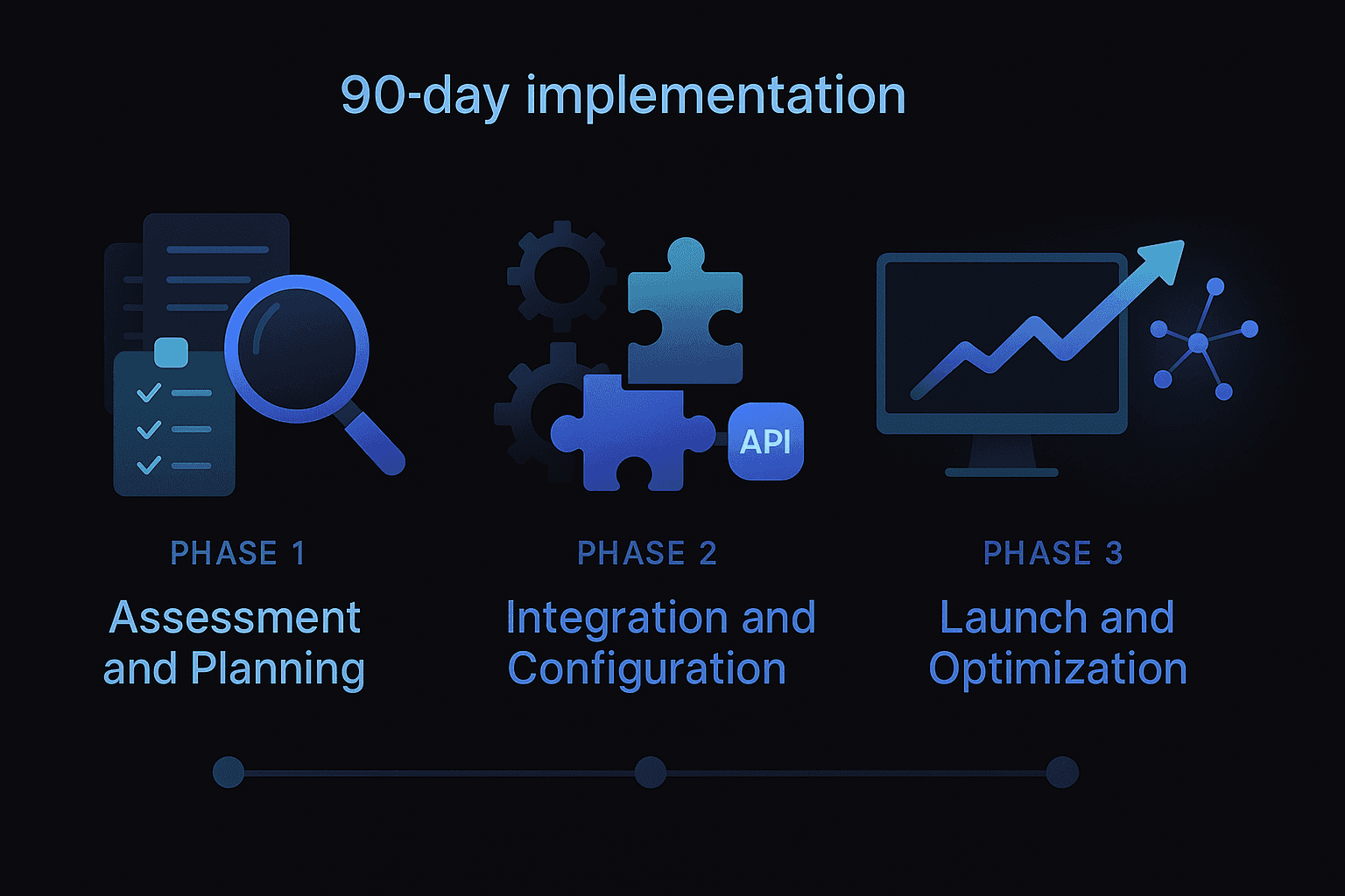 Three-phase timeline showing assessment, integration, and optimization steps for a 90-day payment recovery rollout.