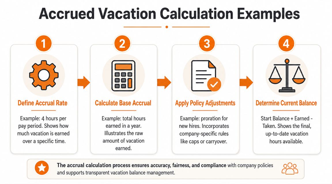 A four-step infographic illustrating the process for calculating accrued vacation time for employees.