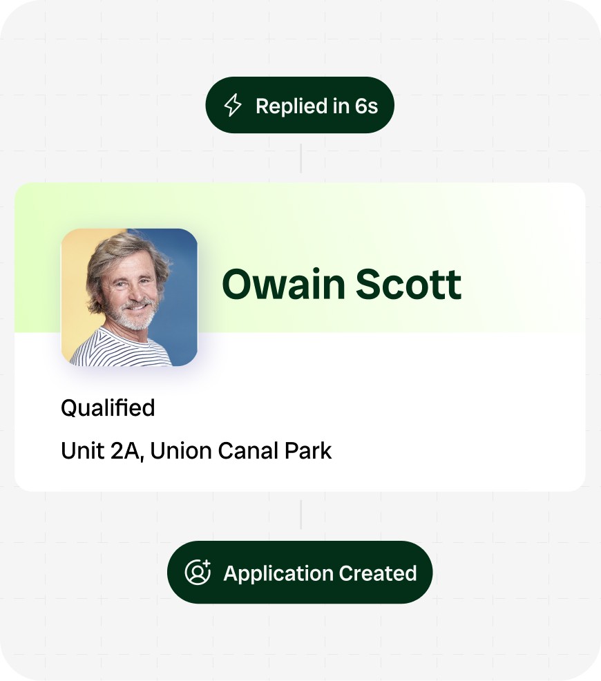 Vinny prospect card for Owain Scott showing a qualified status, unit details, and an application created confirmation, with a replied-in-6s badge