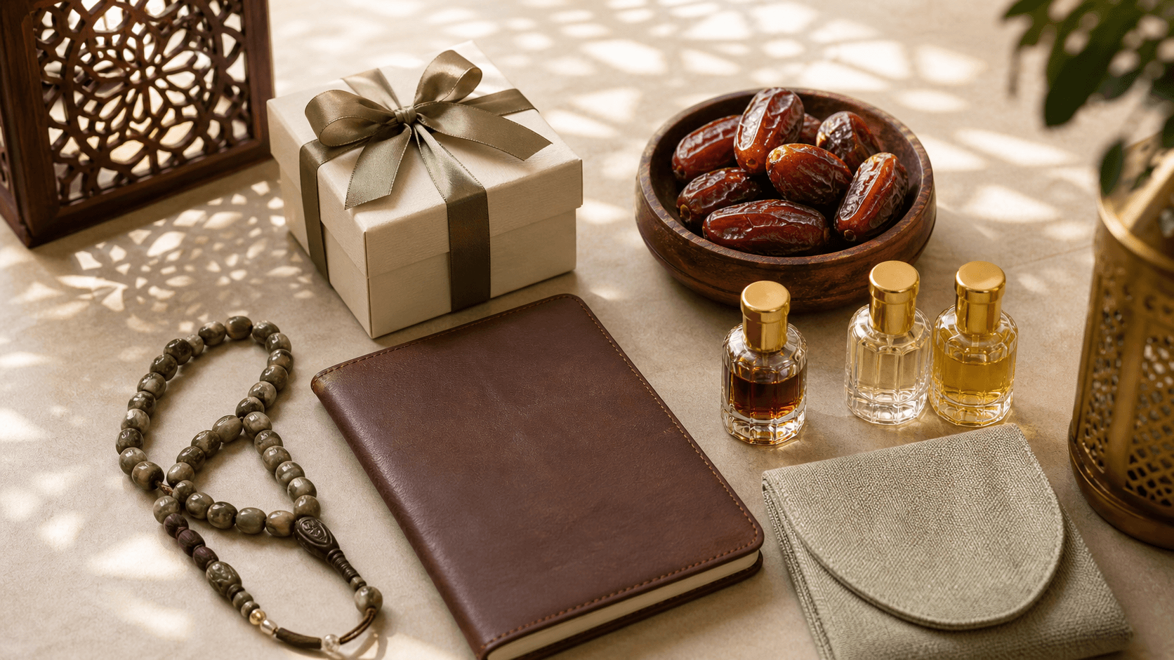 Halal Islamic present ideas: dates, attar, prayer beads, a journal and a wrapped gift, chosen for meaning not labels