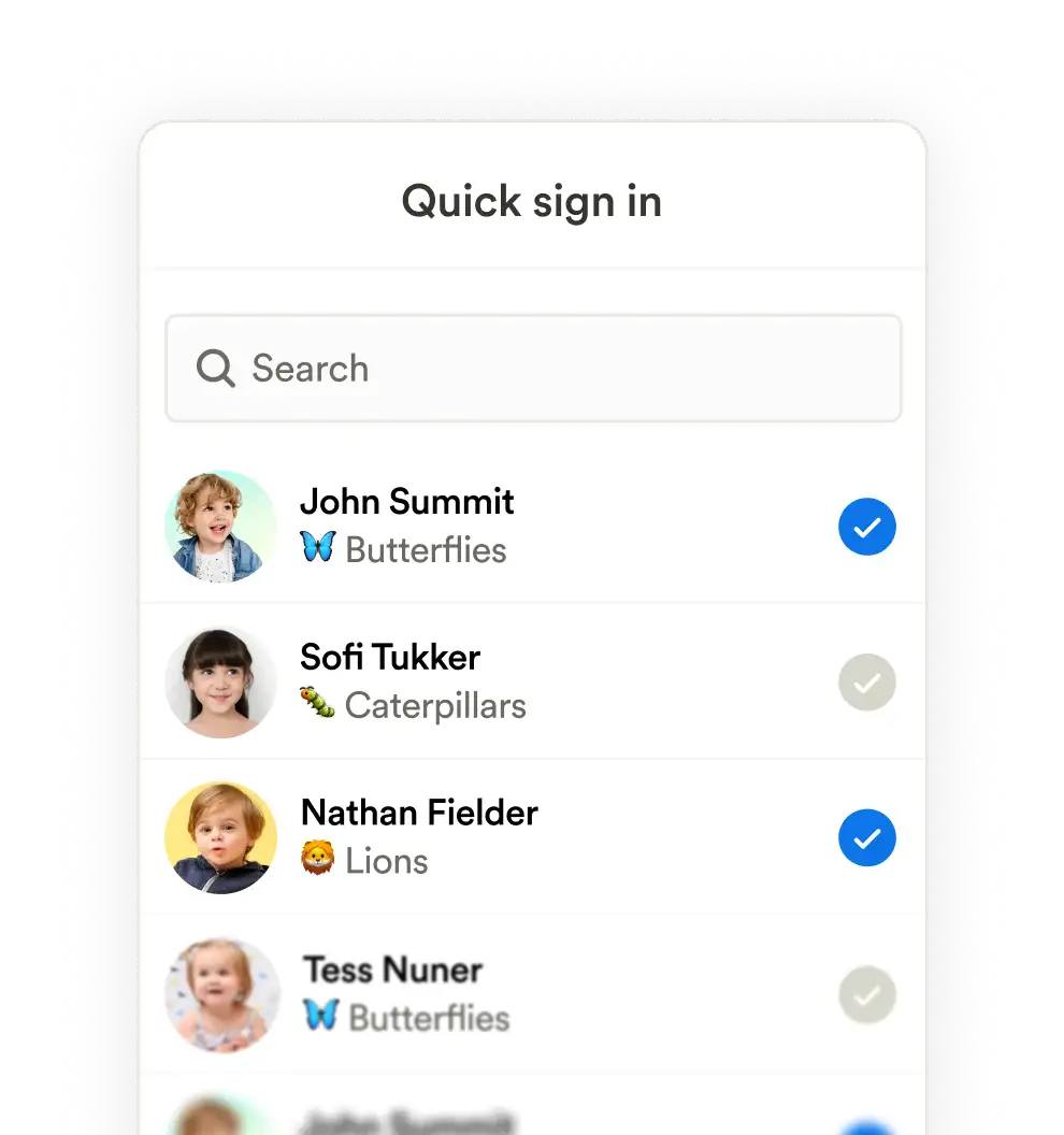Mobile quick sign-in list of children grouped by classroom