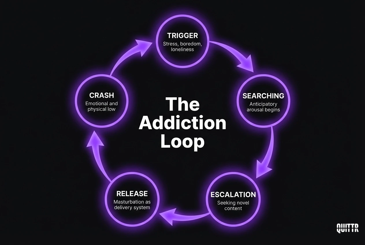 Circular cycle diagram showing the addiction loop: trigger, searching, escalation, release, and crash