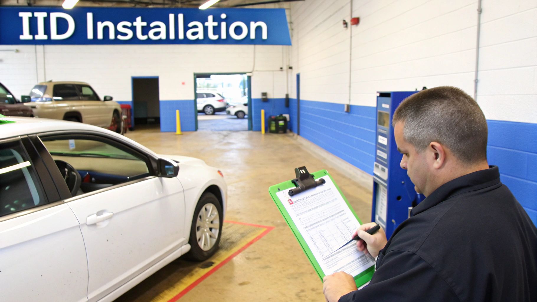 A technician completes paperwork in a garage before an Ignition Interlock Device installation.