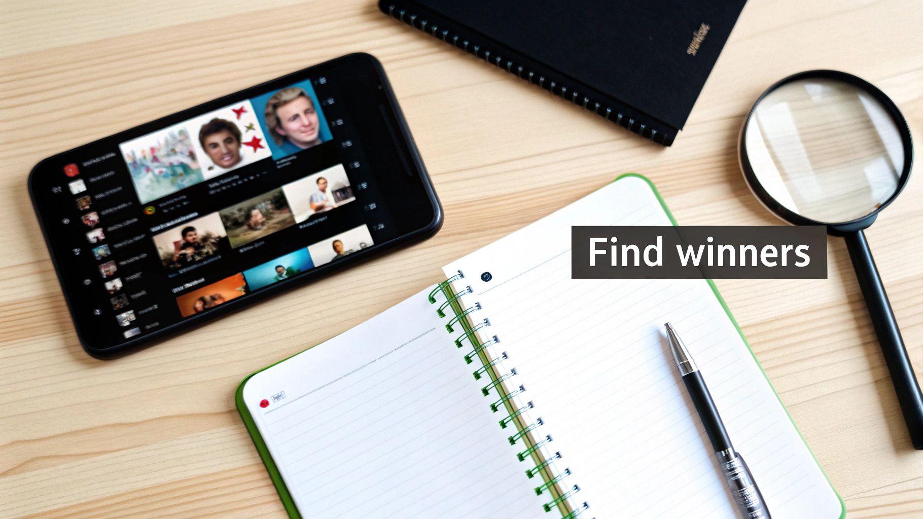 Overhead shot of a smartphone, notebooks, pen, and magnifying glass on a wooden desk, with 'Find winners' text.