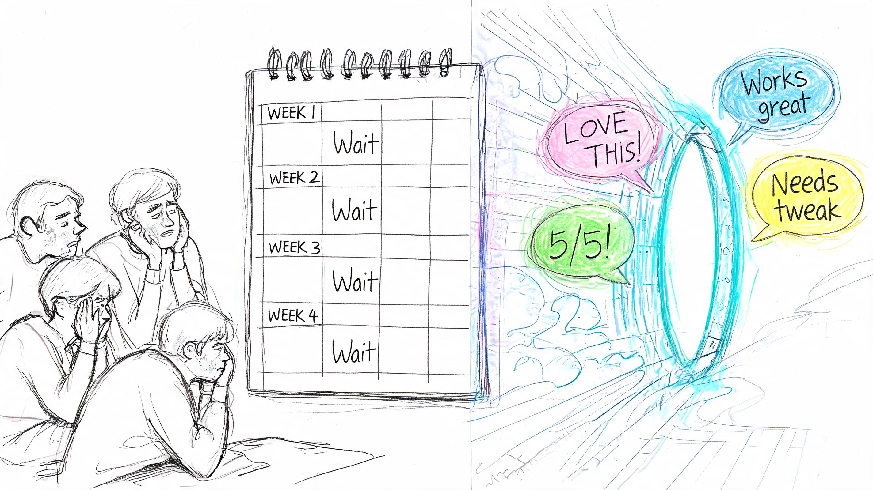 Illustration showing a team waiting during remote usability testing, contrasted with positive feedback emerging from a digital portal.