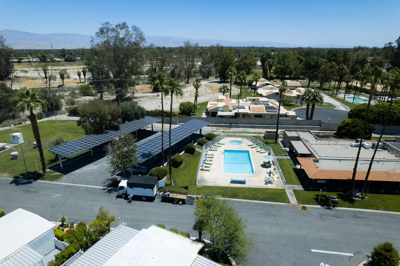 Aerial view of a solar carport at a Palm Springs property