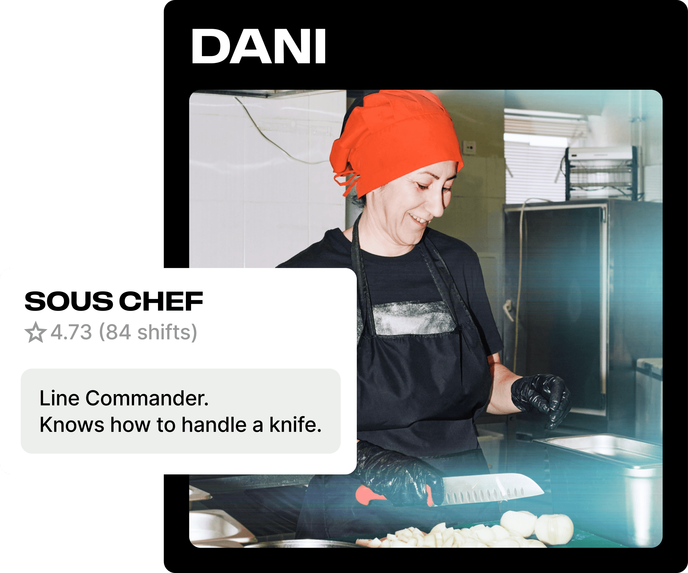 Profile card for Danny, a sous chef rated 4.73 across 84 shifts, in a commercial kitchen
