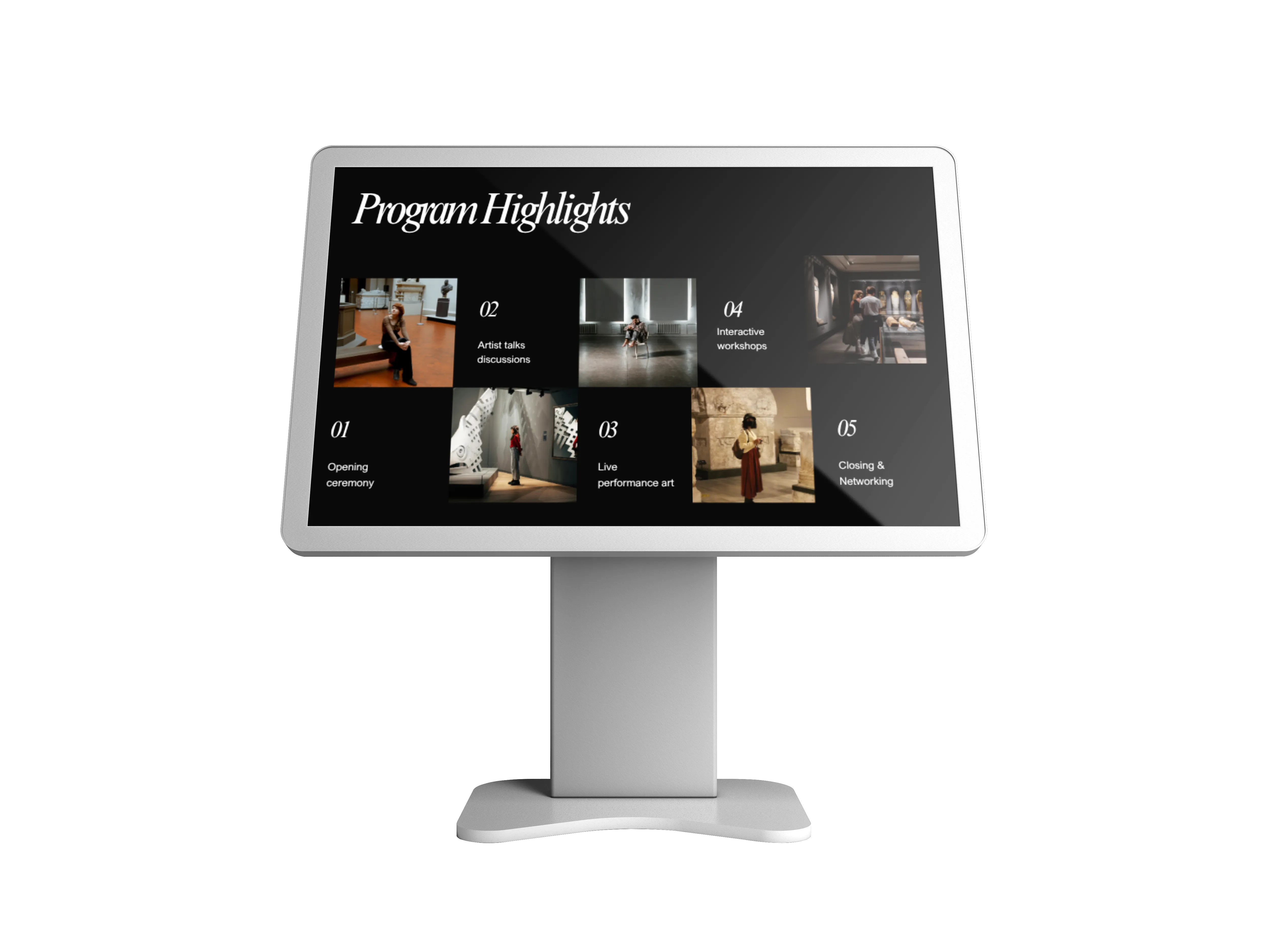 Interactive touch kiosk displaying museum program highlights, events, artist talks and workshops for visitors to explore.