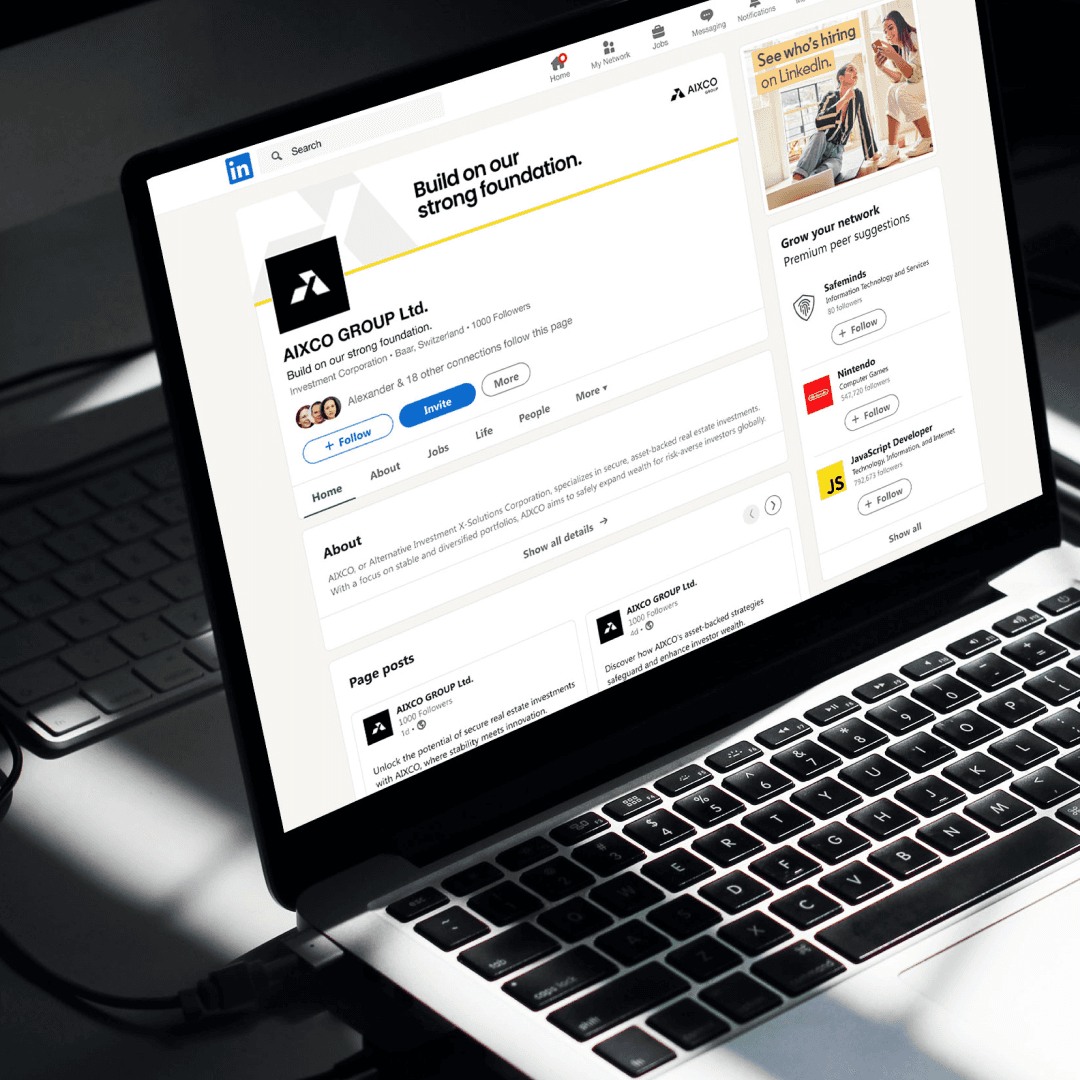 AIXCO LinkedIn profile on a laptop, emphasizing digital branding.