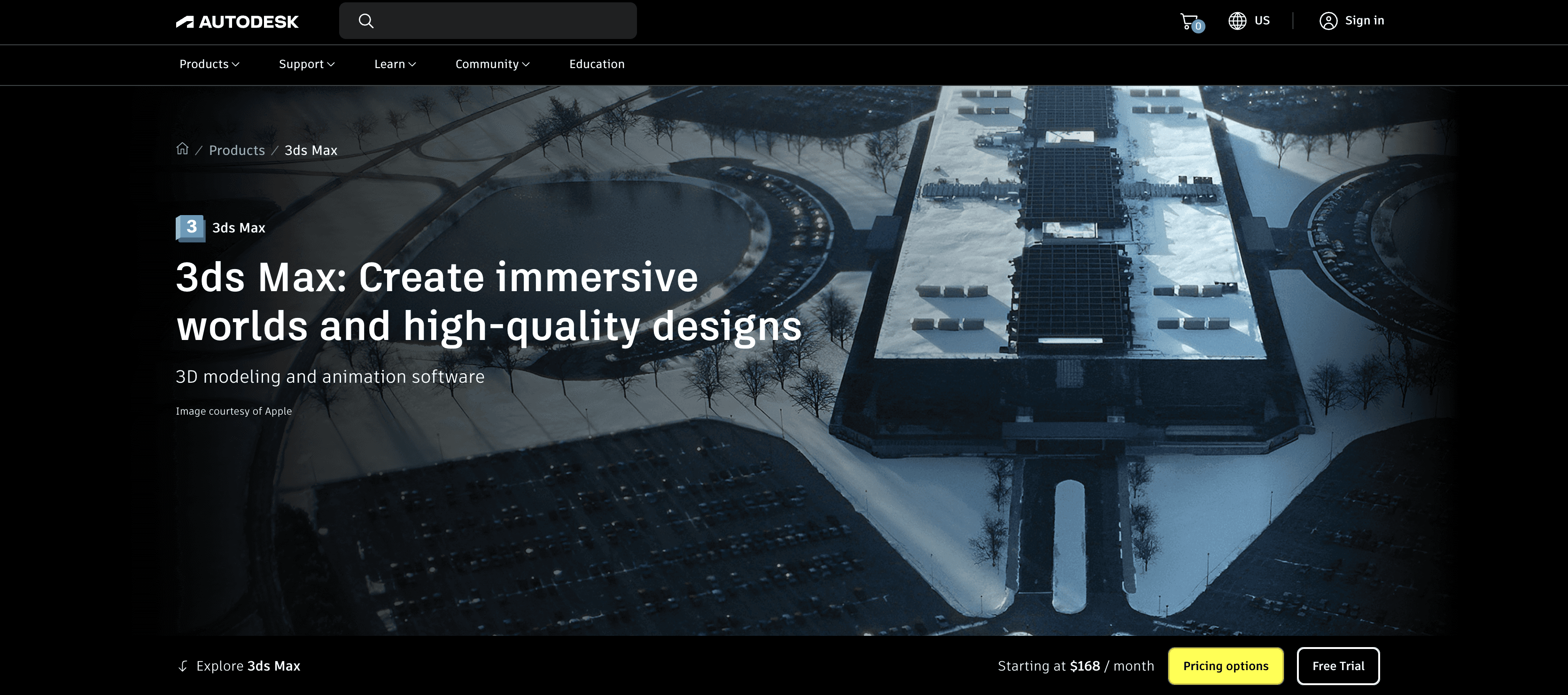 Autodesk 3ds Max product page screenshot for 3D modeling, animation, and design visualization