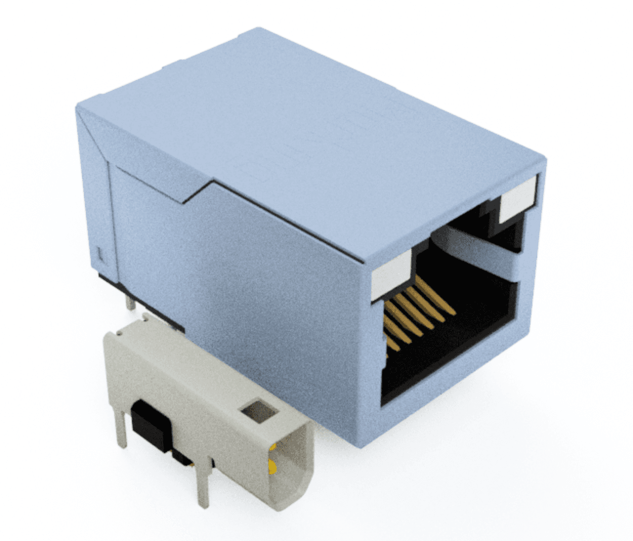 Size comparison render of a standard RJ45 jack next to a compact Single Pair Ethernet connector