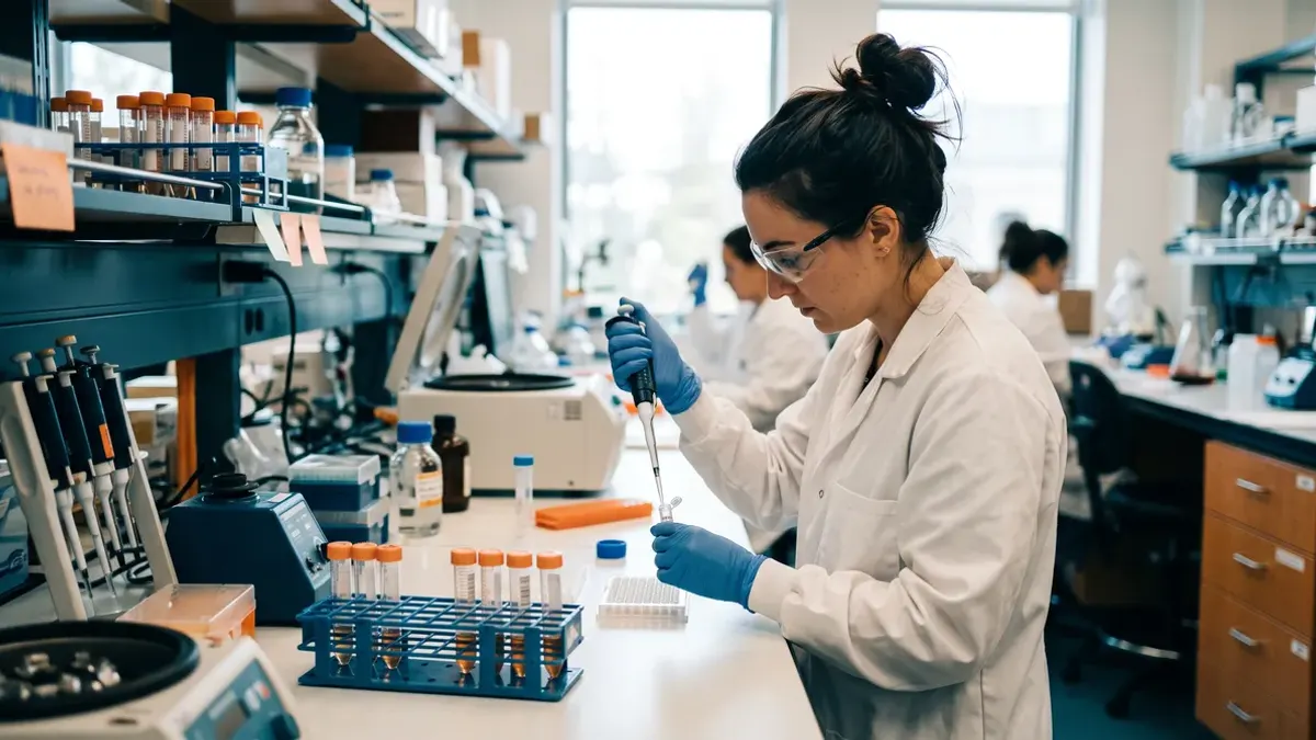 Técnica de laboratorio con bata, guantes y gafas pipetea una muestra junto a una gradilla de tubos de ensayo
