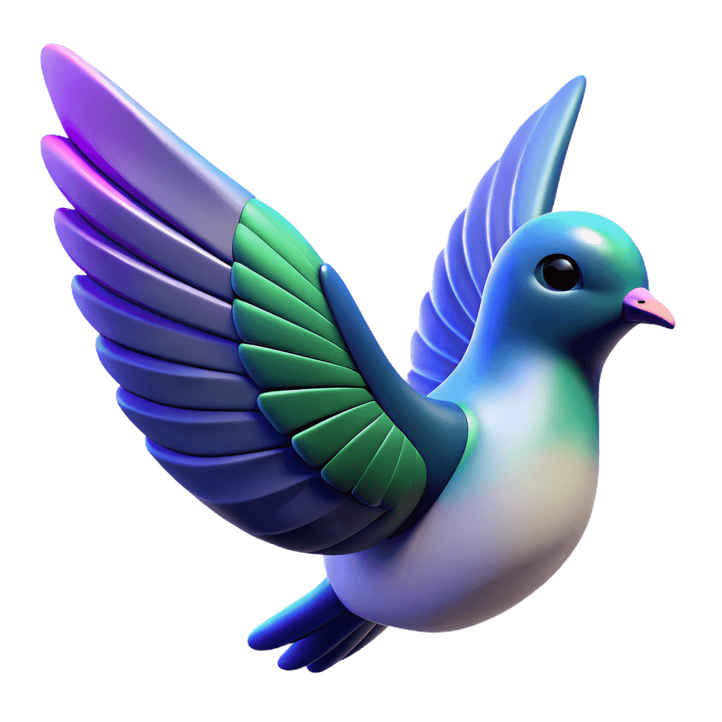 3D stylized sparrow illustration with blue, green, and purple wings for humane bird control services