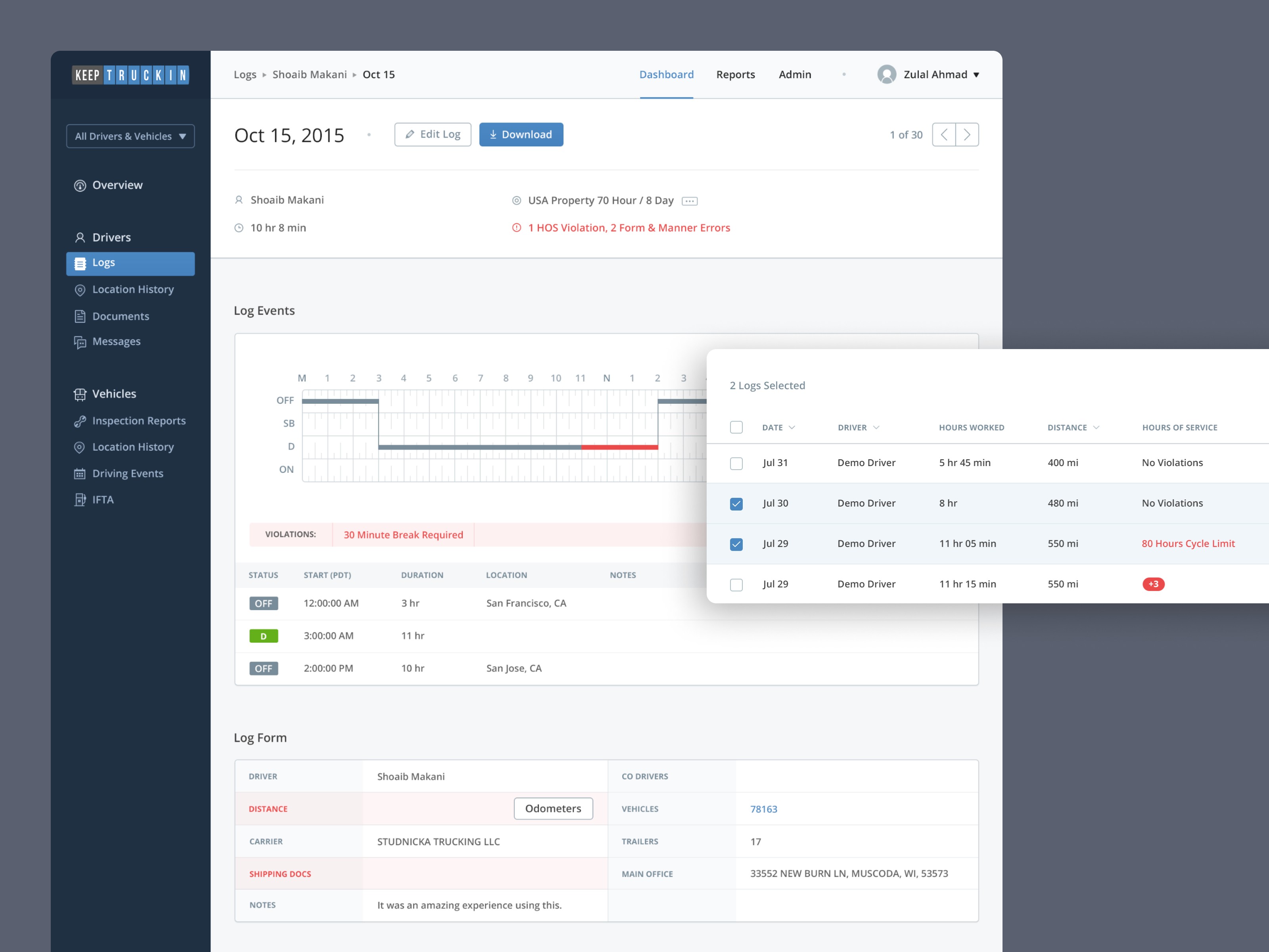 Motive web app - driver logs section - violation scenarios